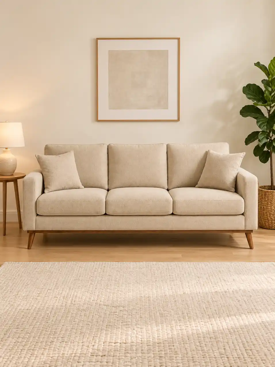 Furniture displayed in a warm minimalist living room with wooden flooring, neutral rug, side table, lamp, framed wall art and indoor plant.