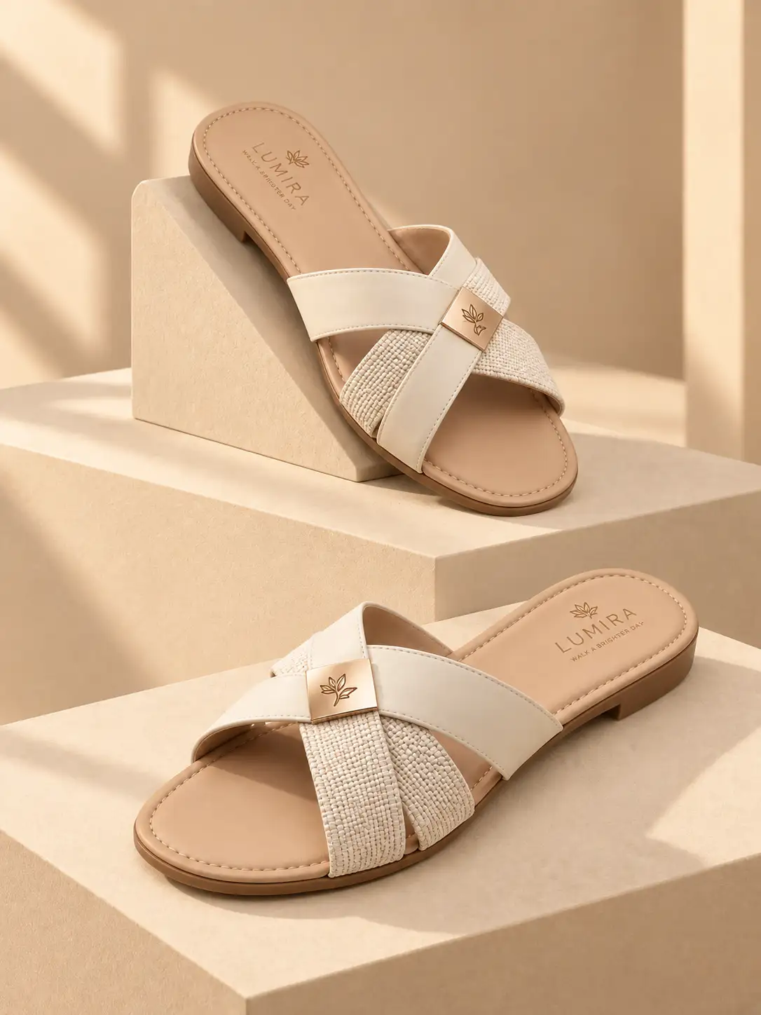 Women’s sandals displayed on elegant beige pedestals with warm directional sunlight, soft shadows, and a premium commercial footwear photography style.