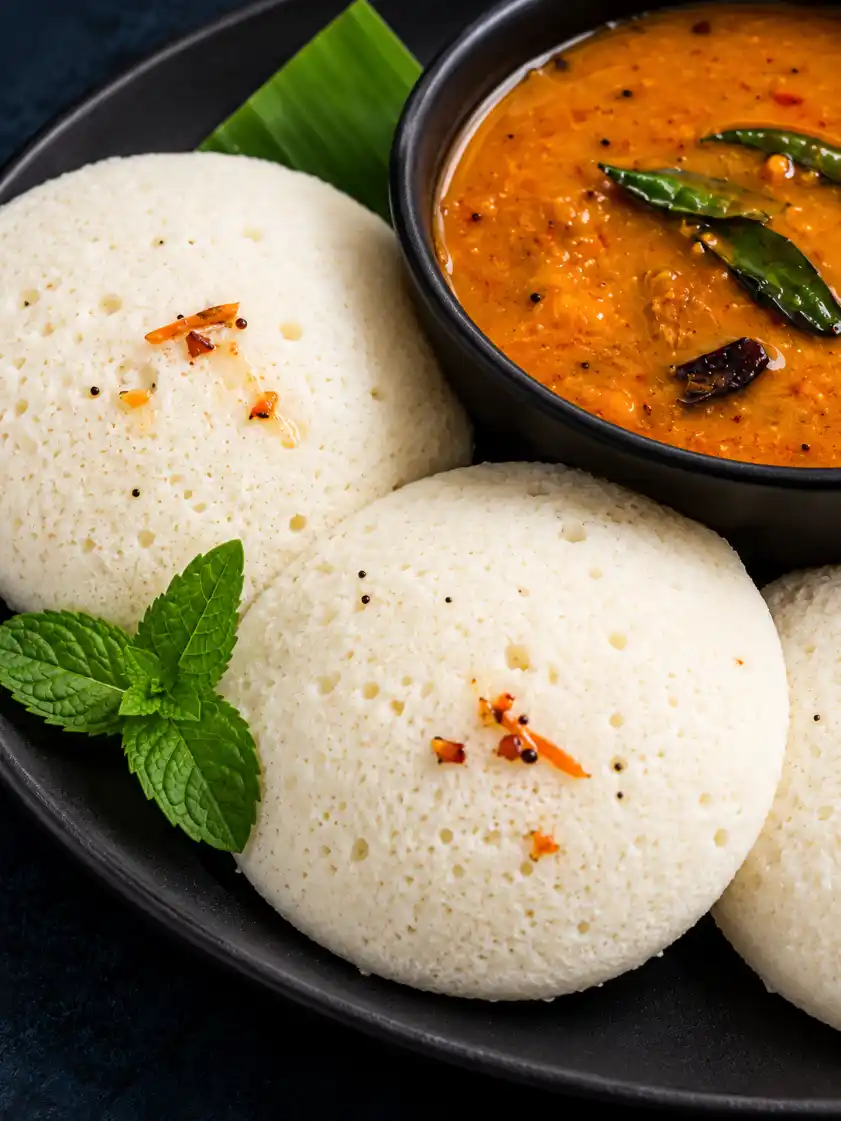 Extreme close-up of soft South Indian idlis served with rich sambar on a matte black plate against a dark navy background.