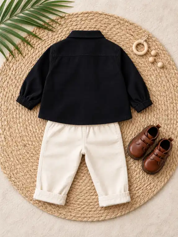 Back view of a kidswear clothing set arranged on a natural woven mat with palm leaves and minimal wooden props in an overhead flat lay.