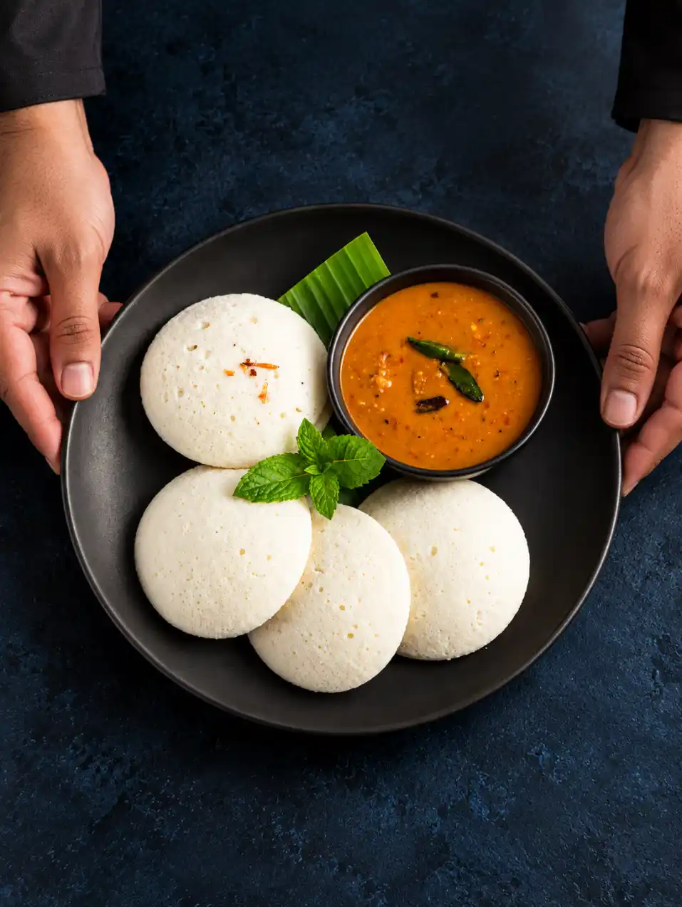 Overhead chef serving a matte black plate with four soft idlis, sambar, banana leaf and mint on a dark navy textured background.