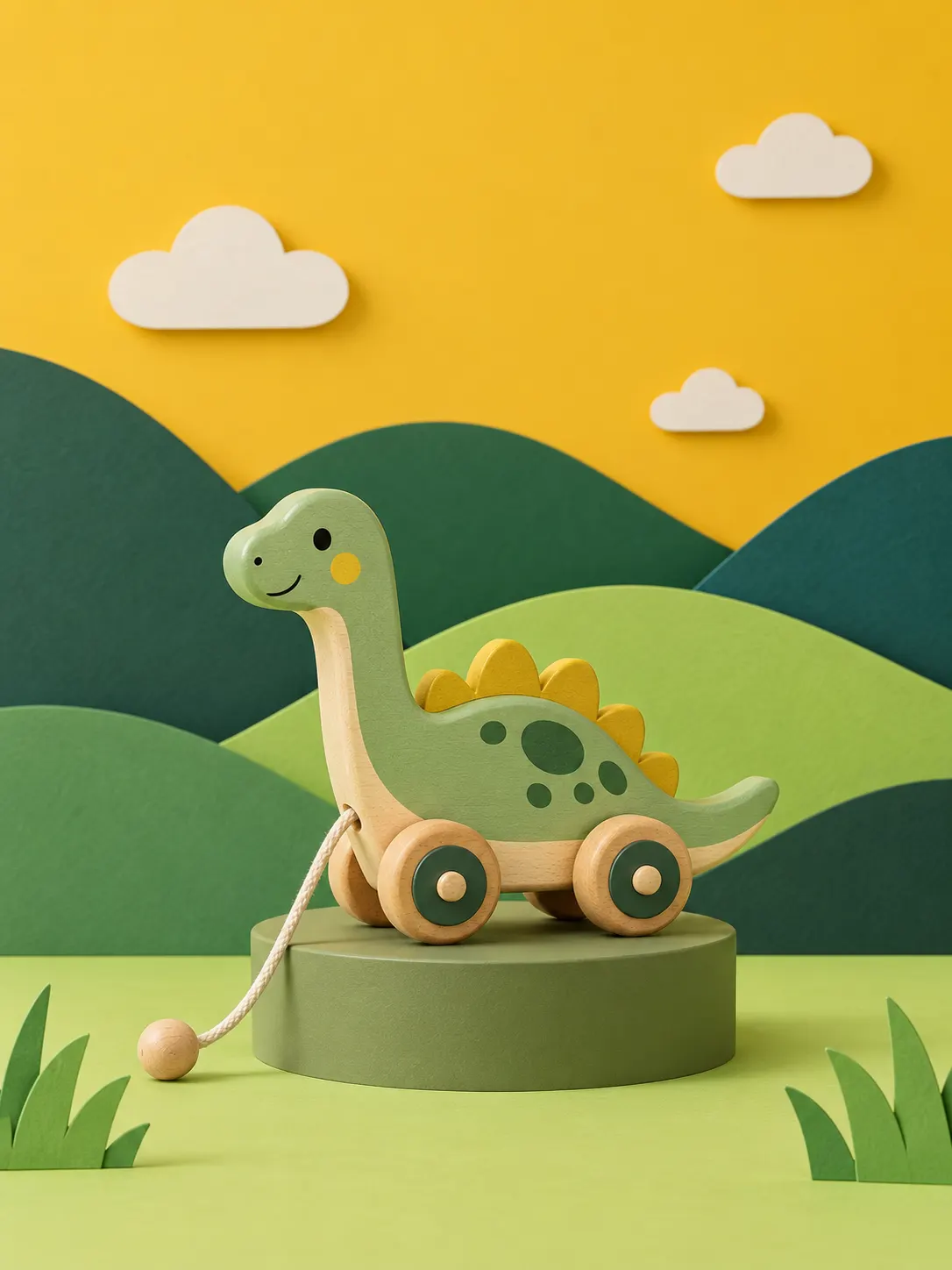 Toy product on green pedestal with yellow paper-cut background