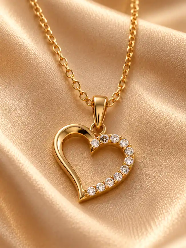 Gold heart-shaped pendant necklace with sparkling stones displayed on champagne satin fabric.