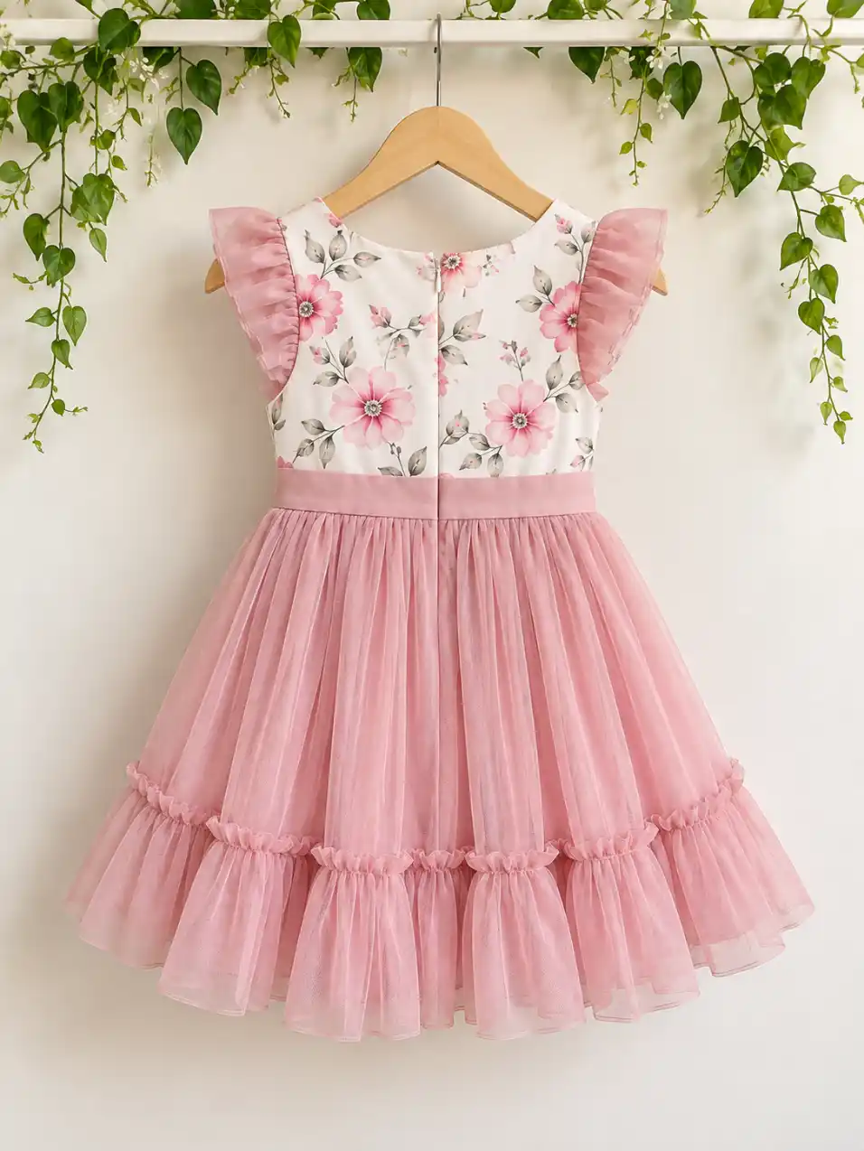 Back view of a hanging product on a wooden hanger against a soft wall with trailing greenery and natural boutique-style lighting.