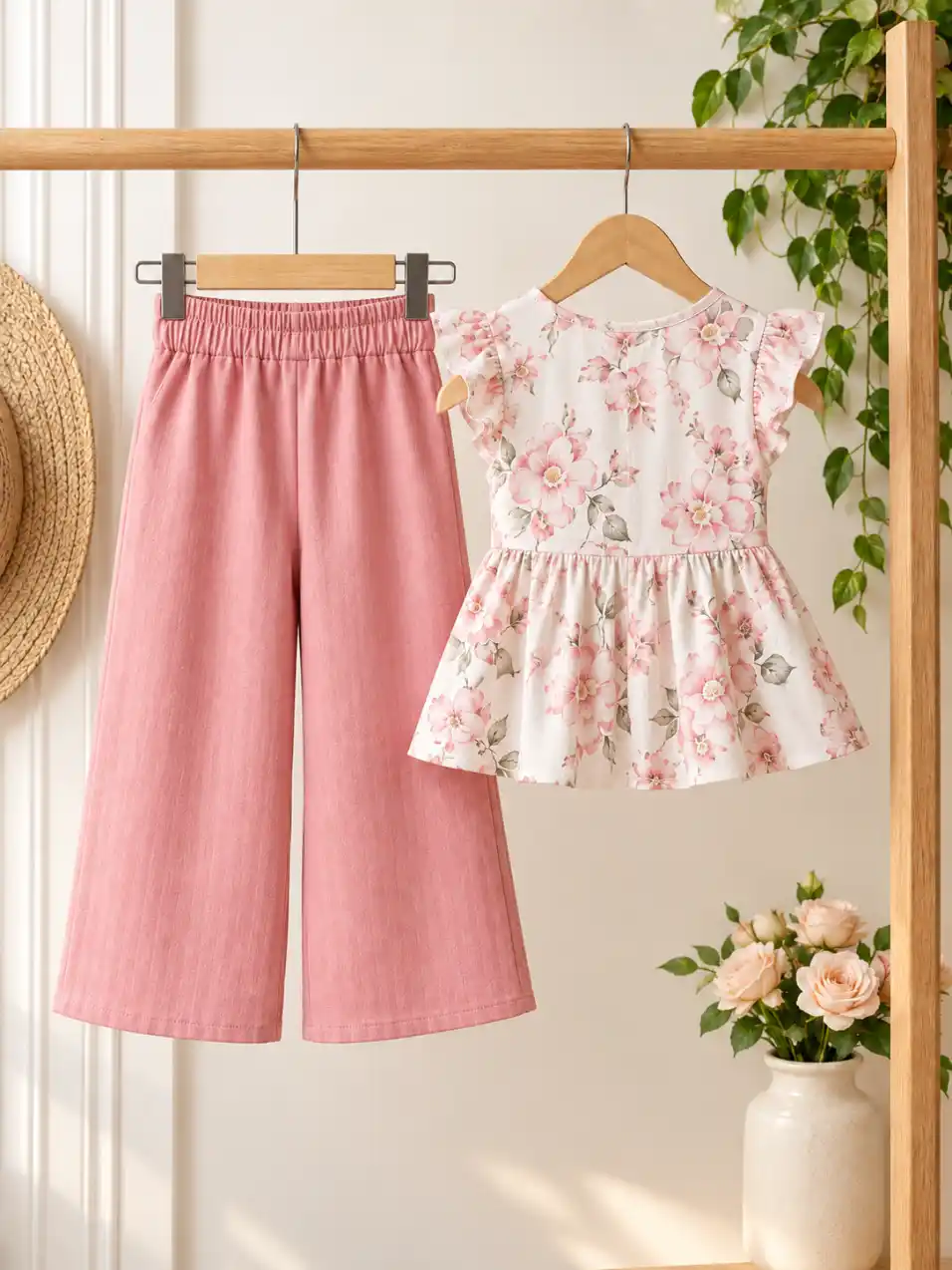 Back view of a clothing set displayed on wooden hangers in a minimal boutique setup with flowers, greenery, and soft natural lighting.