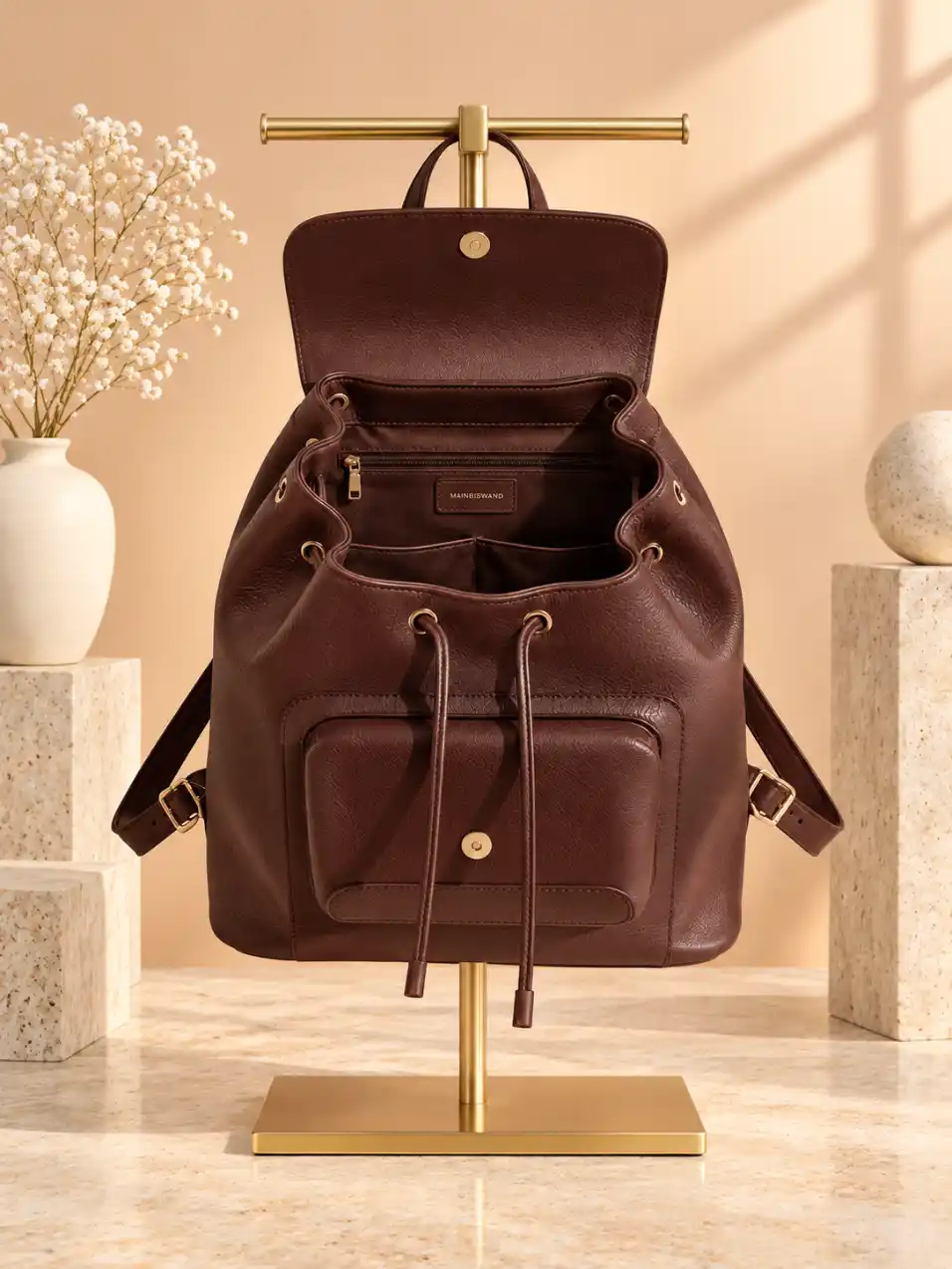 Open backpack displayed on a gold stand showing interior compartments, zipper pocket, drawstring opening, and structured storage details.