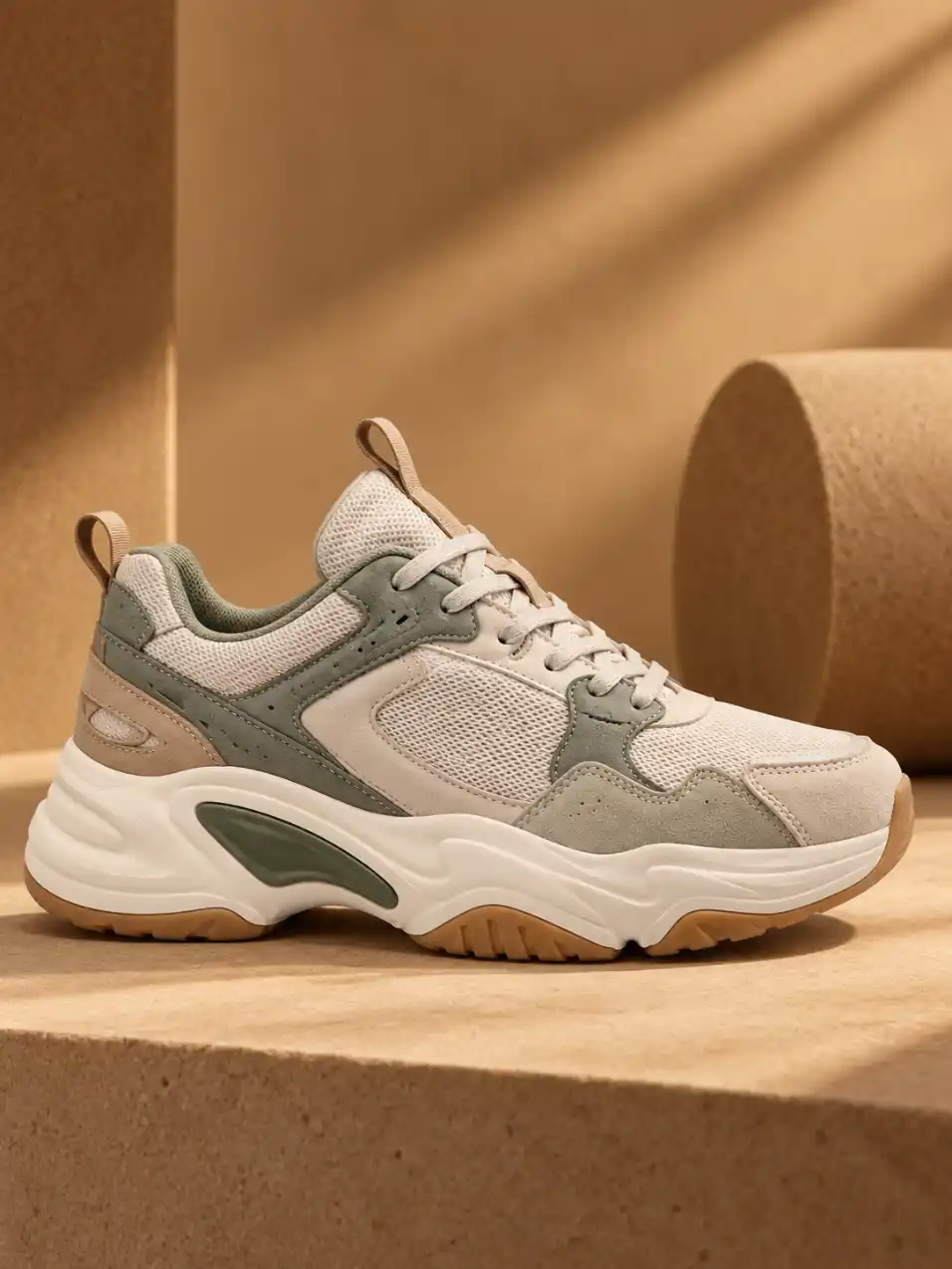 Single sneaker shown in a clean side profile on a warm caramel studio set with soft cinematic shadows and premium editorial product styling.