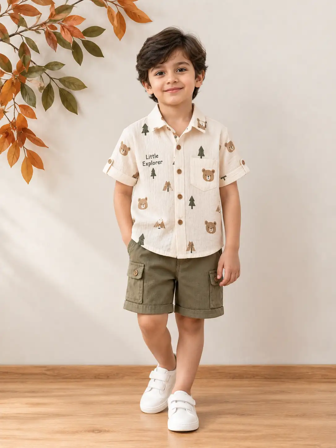 Child model wearing kids clothing in a clean neutral studio with soft lighting, decorative foliage, and premium catalogue styling.