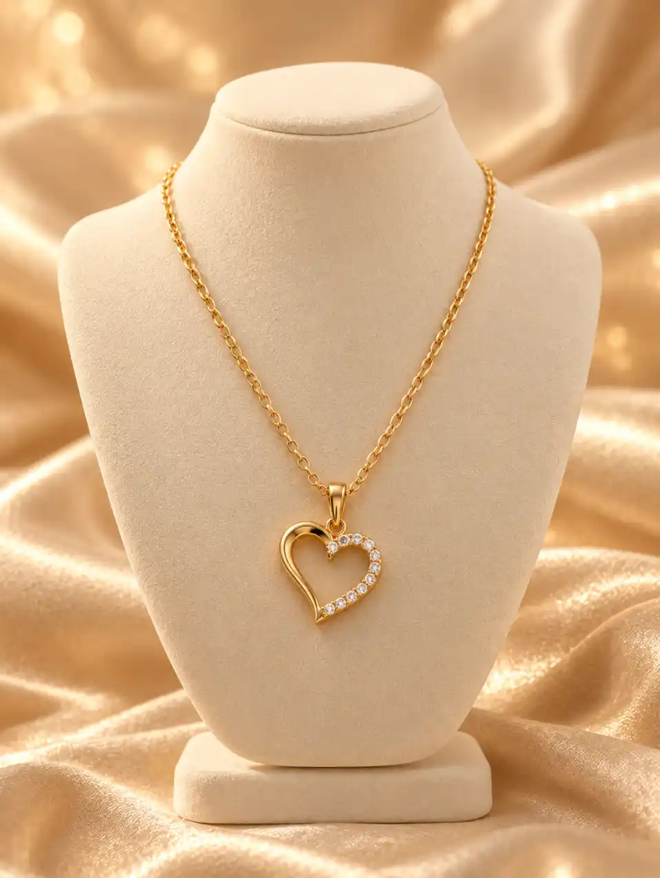 Gold heart pendant necklace with sparkling stones displayed on a cream jewelry bust against warm champagne satin.
