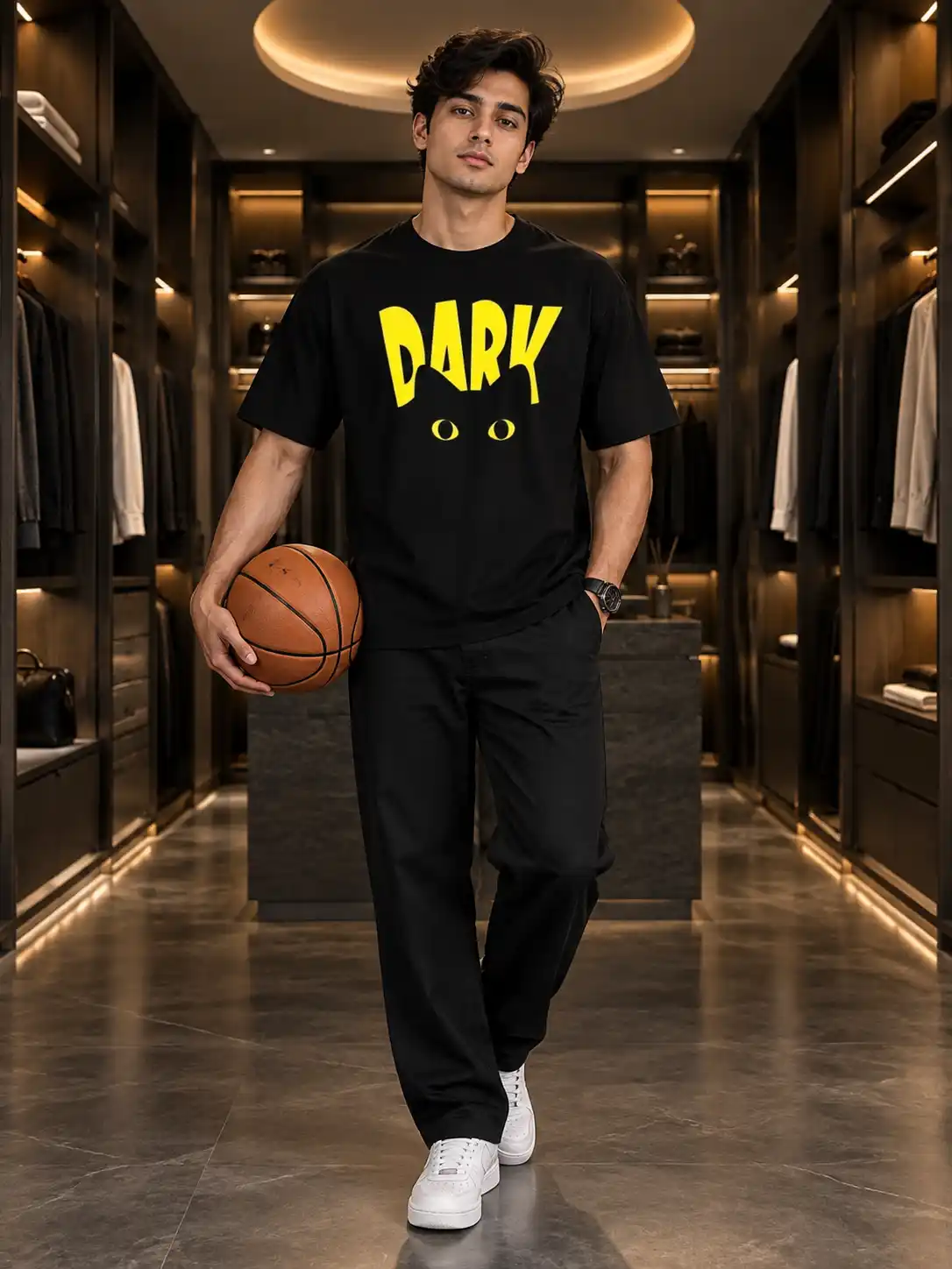 Male model posing with a basketball inside a premium wardrobe interior featuring warm lighting, polished flooring, and luxury styling.
