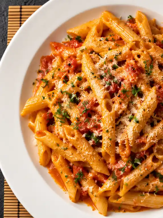 Overhead penne pasta in tomato sauce on a white plate over a bamboo mat, with a fork lifting a small portion against a dark textured background.