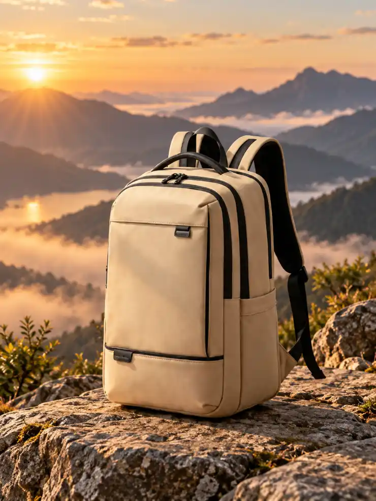 Front view of a travel backpack standing on rocky terrain with golden sunrise, misty valleys, and distant mountain peaks.