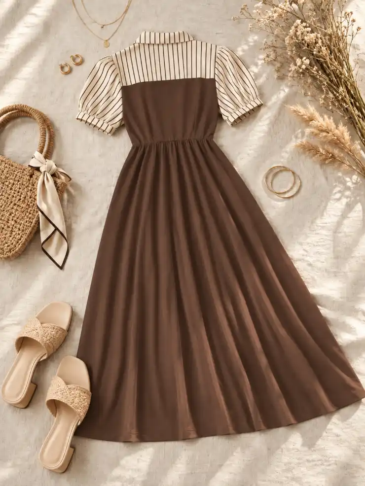 Back view of a brown summer midi dress with striped puff sleeves arranged on ivory linen with straw bag, sandals, jewelry, and dried flowers.