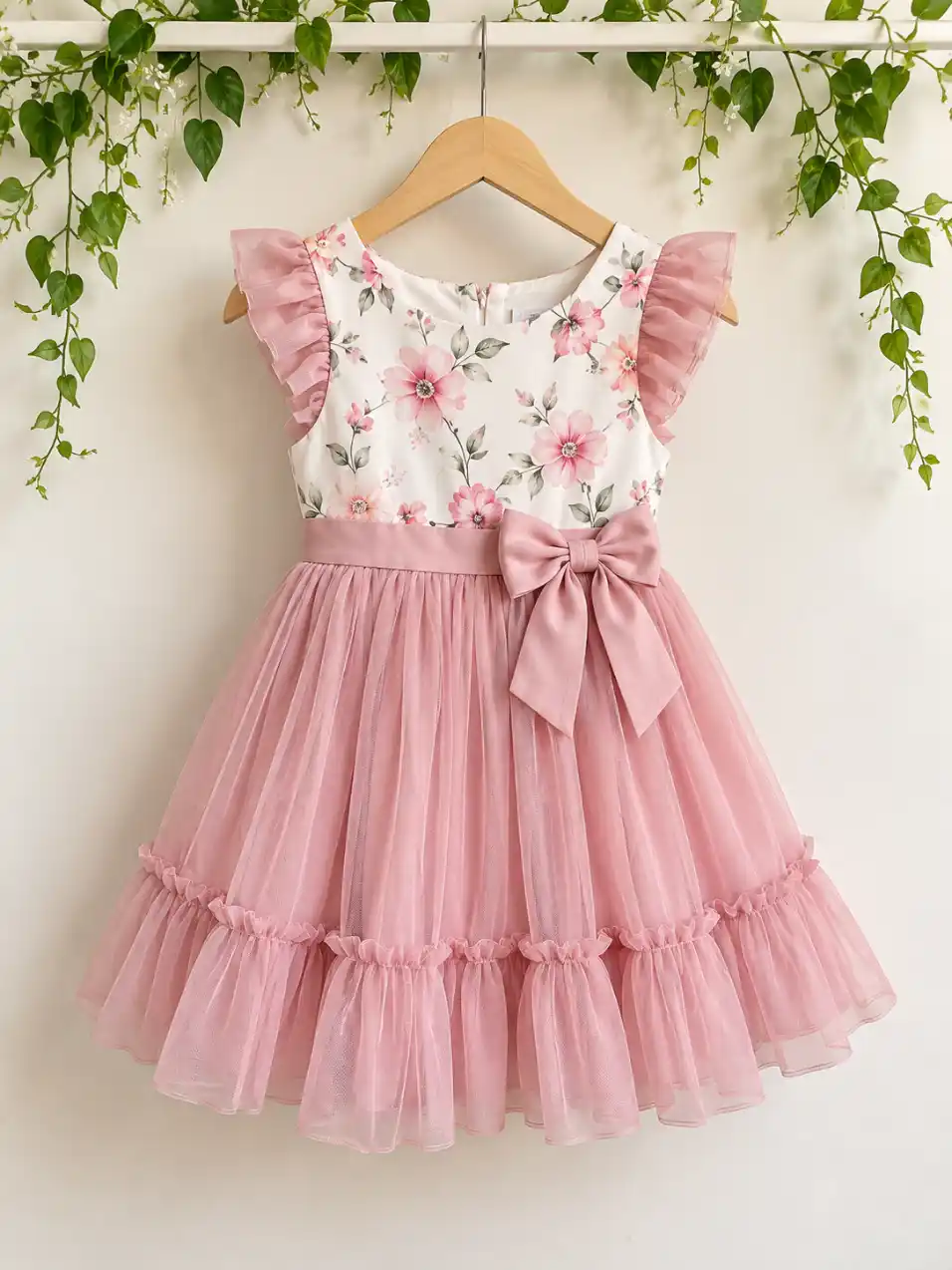 Hanging product displayed on a wooden hanger against a soft wall with trailing greenery and natural boutique-style lighting.
