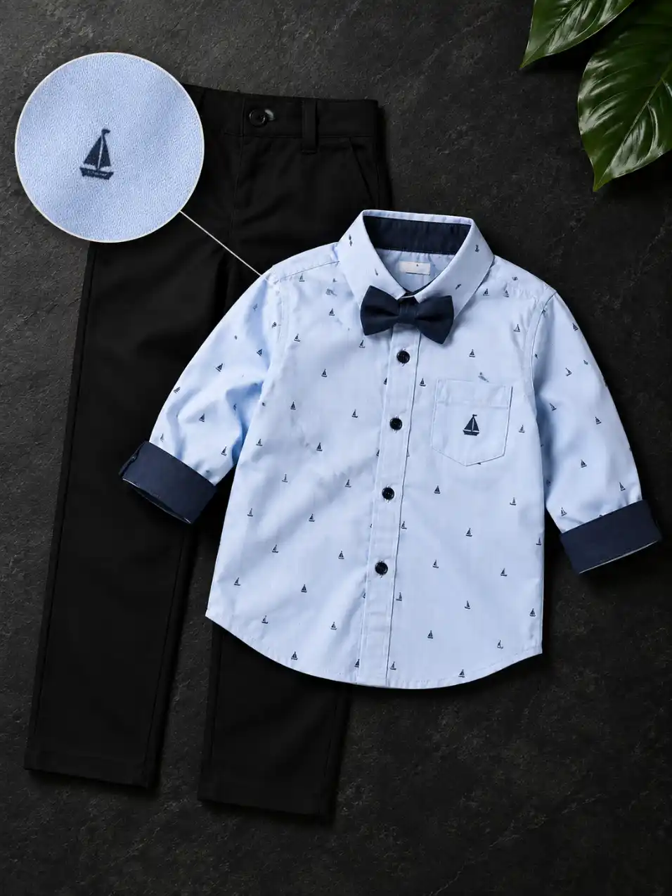 Clothing flat lay on a dark charcoal background with a circular zoom showing detailed fabric texture and premium commercial styling.