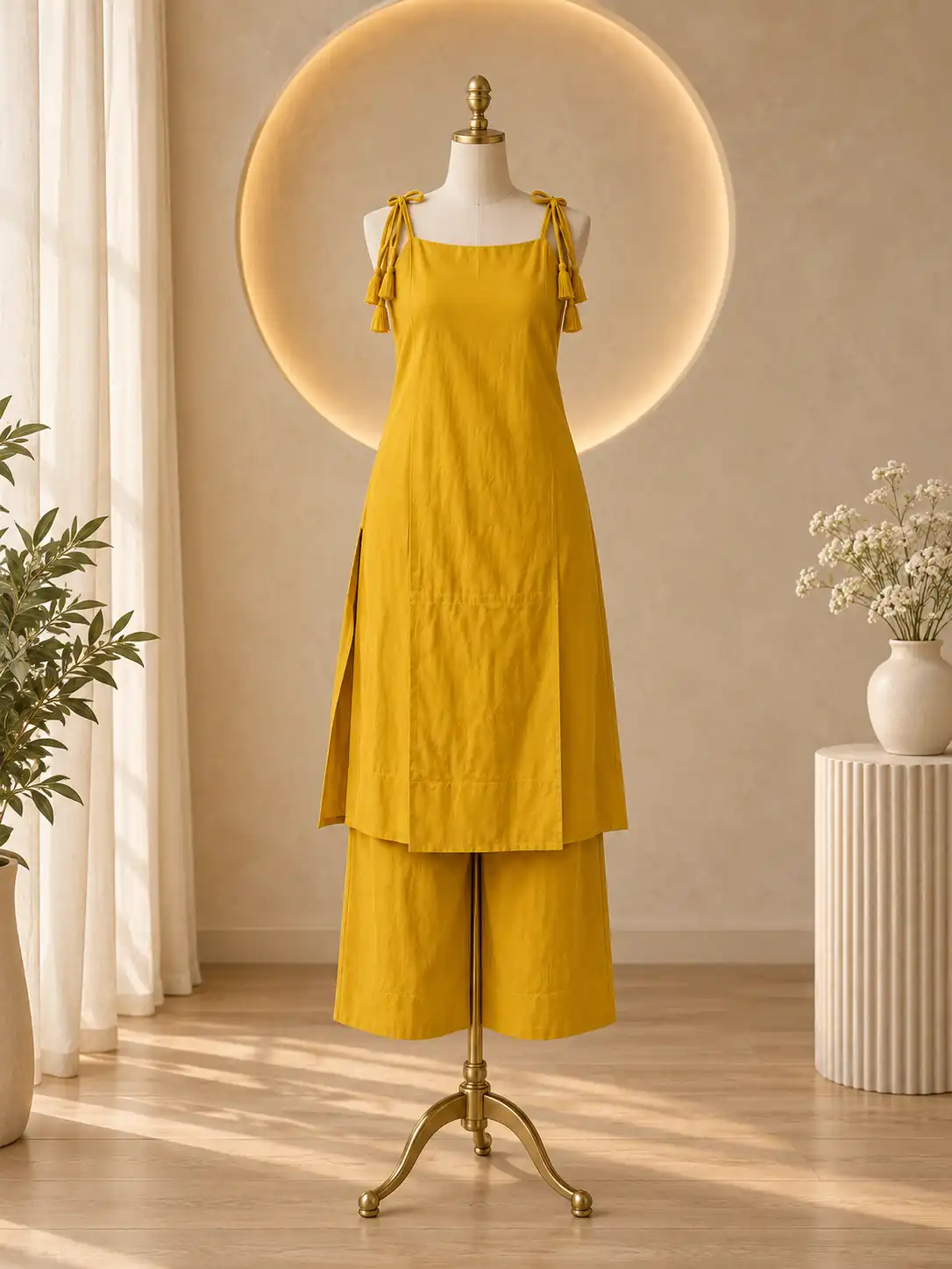 Mustard yellow sleeveless tassel strap dress with matching wide-leg pants displayed on a cream mannequin in a warm luxury boutique interior.