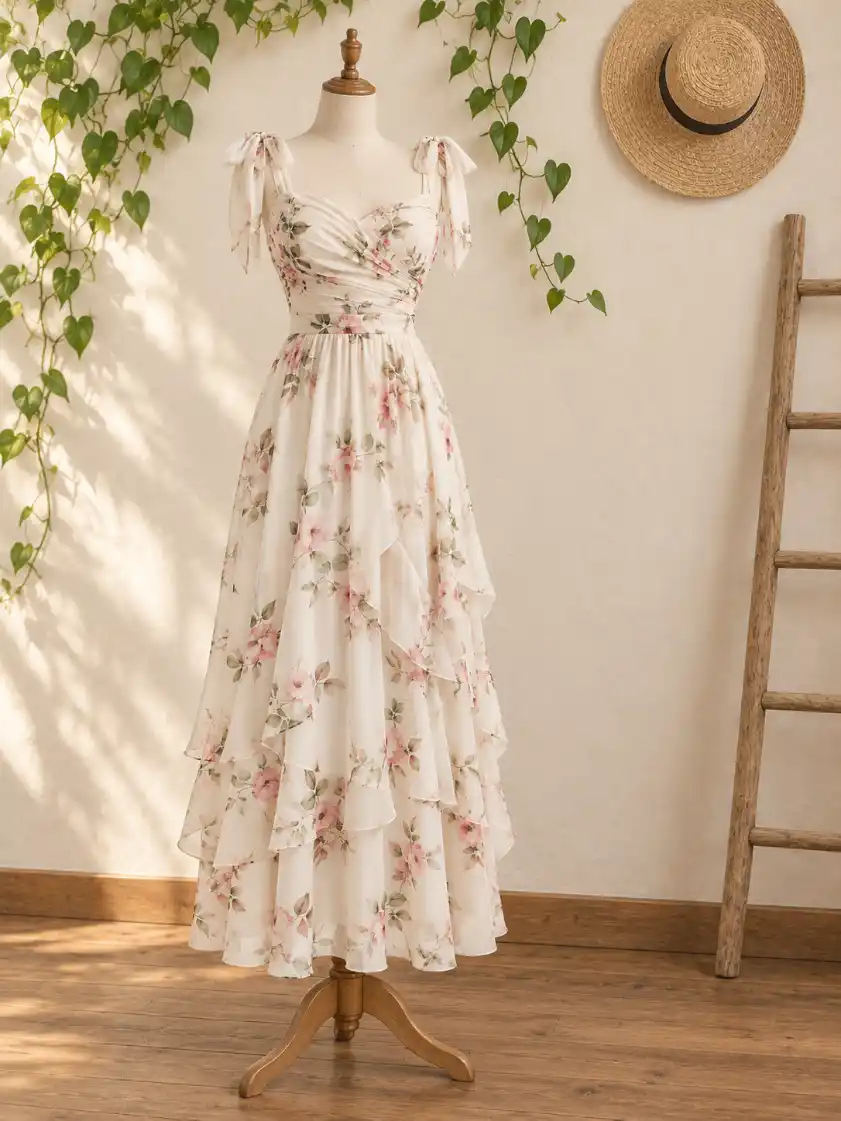 Cream floral maxi dress with pink flowers displayed on a dress-form mannequin in a warm minimalist boutique interior with greenery and wooden decor.