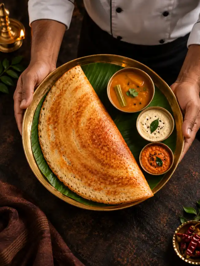 Chef serving crispy masala dosa with chutneys and sambar on a brass thali.