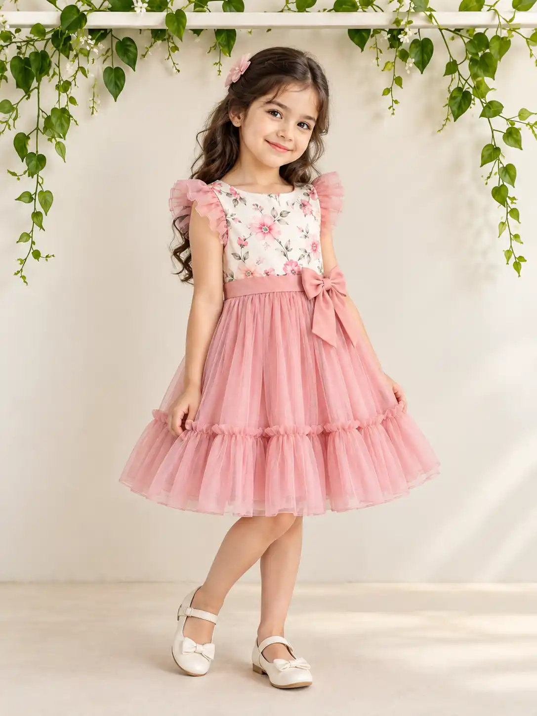 Child model wearing a product in a soft botanical boutique setting with natural lighting, greenery, and a clean commercial fashion look.