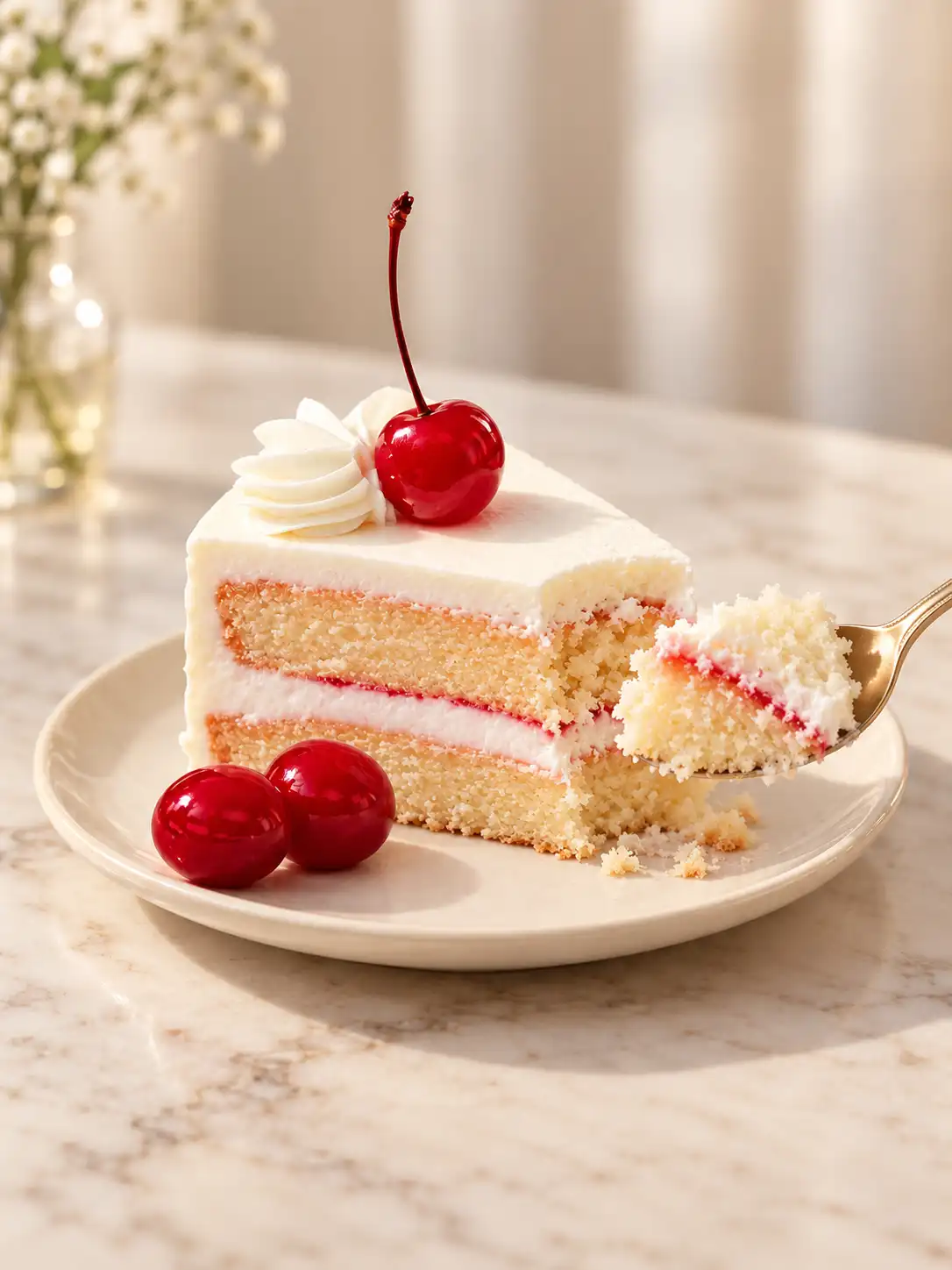 Spoon lifting a bite from a cherry vanilla layer cake slice with cream frosting and red cherries on an ivory plate.
