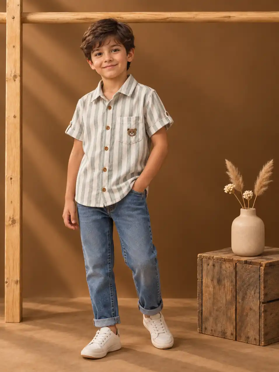 Child fashion model wearing clothing in a warm rustic studio with an empty wooden rack, wooden crate, casual cap, and soft natural lighting.