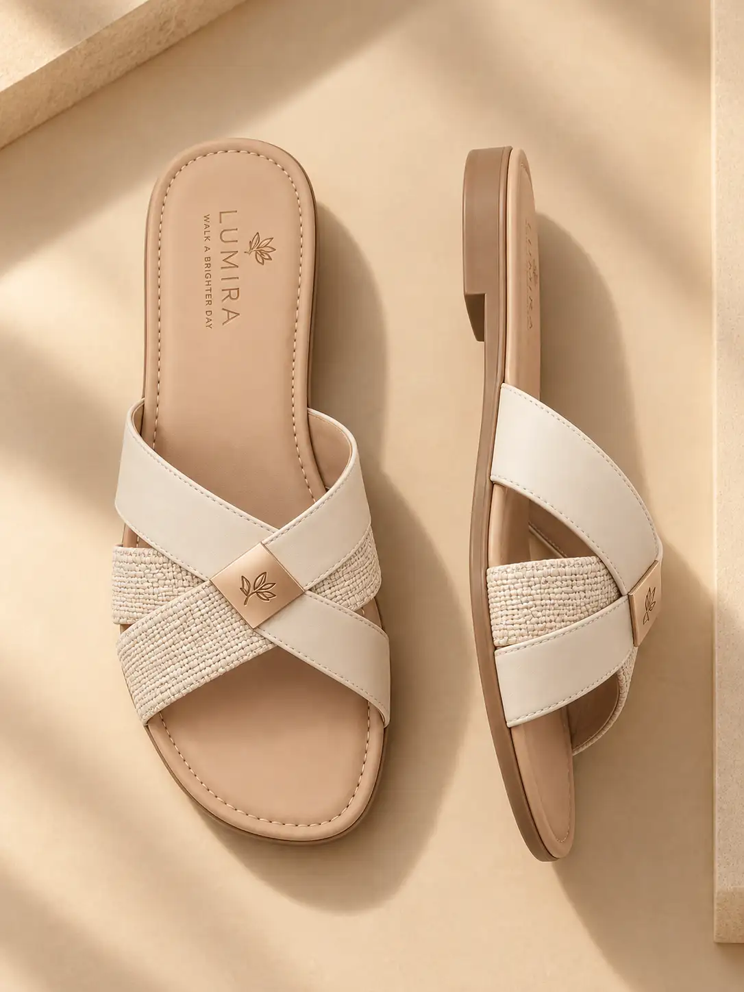 Women’s sandals shown in top and side views on a warm beige studio surface with soft sunlight and elegant premium product photography styling.
