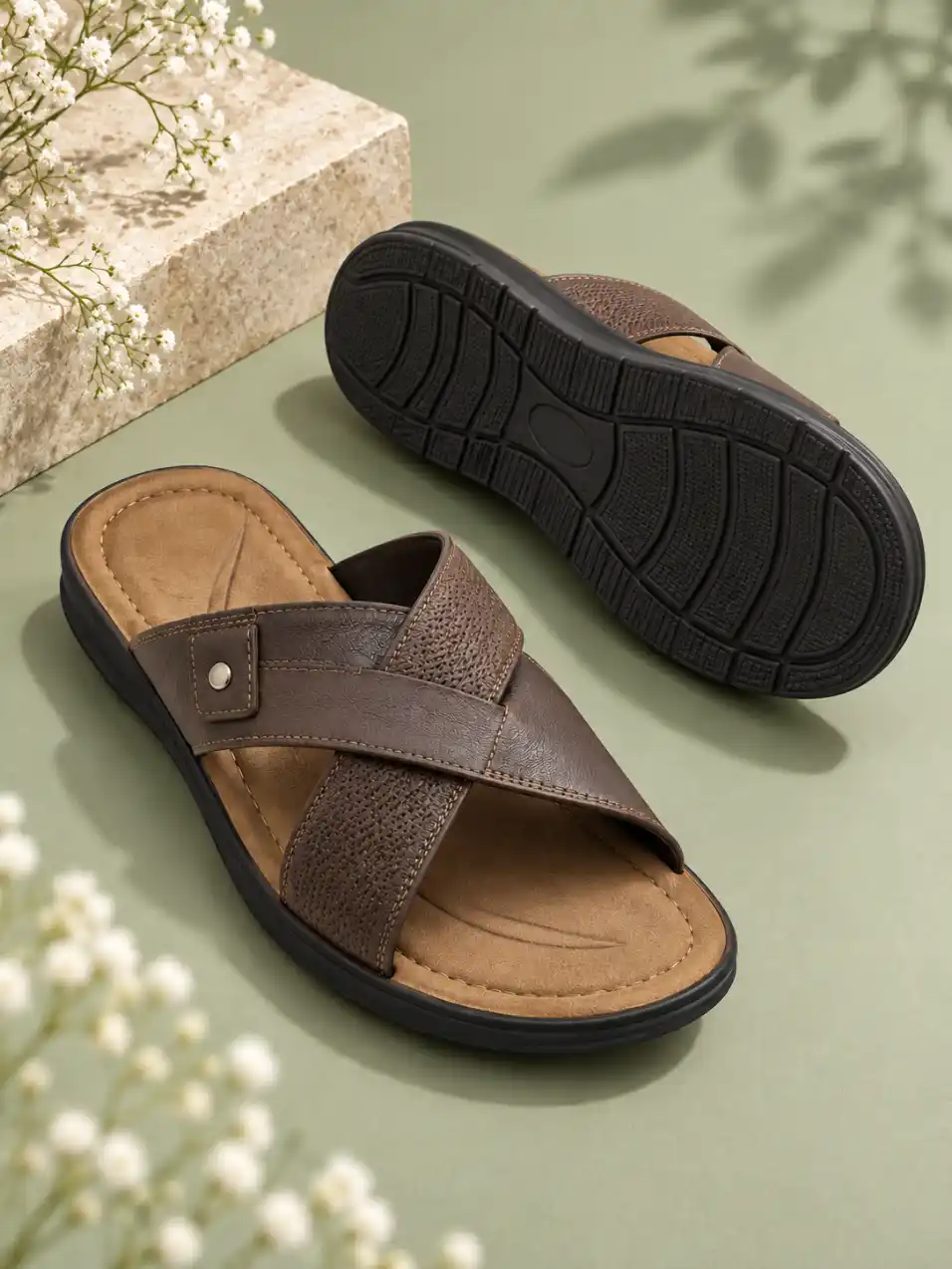 Two footwear views showing the upper design and bottom outsole on a sage green studio background with a cream stone pedestal and white flowers.