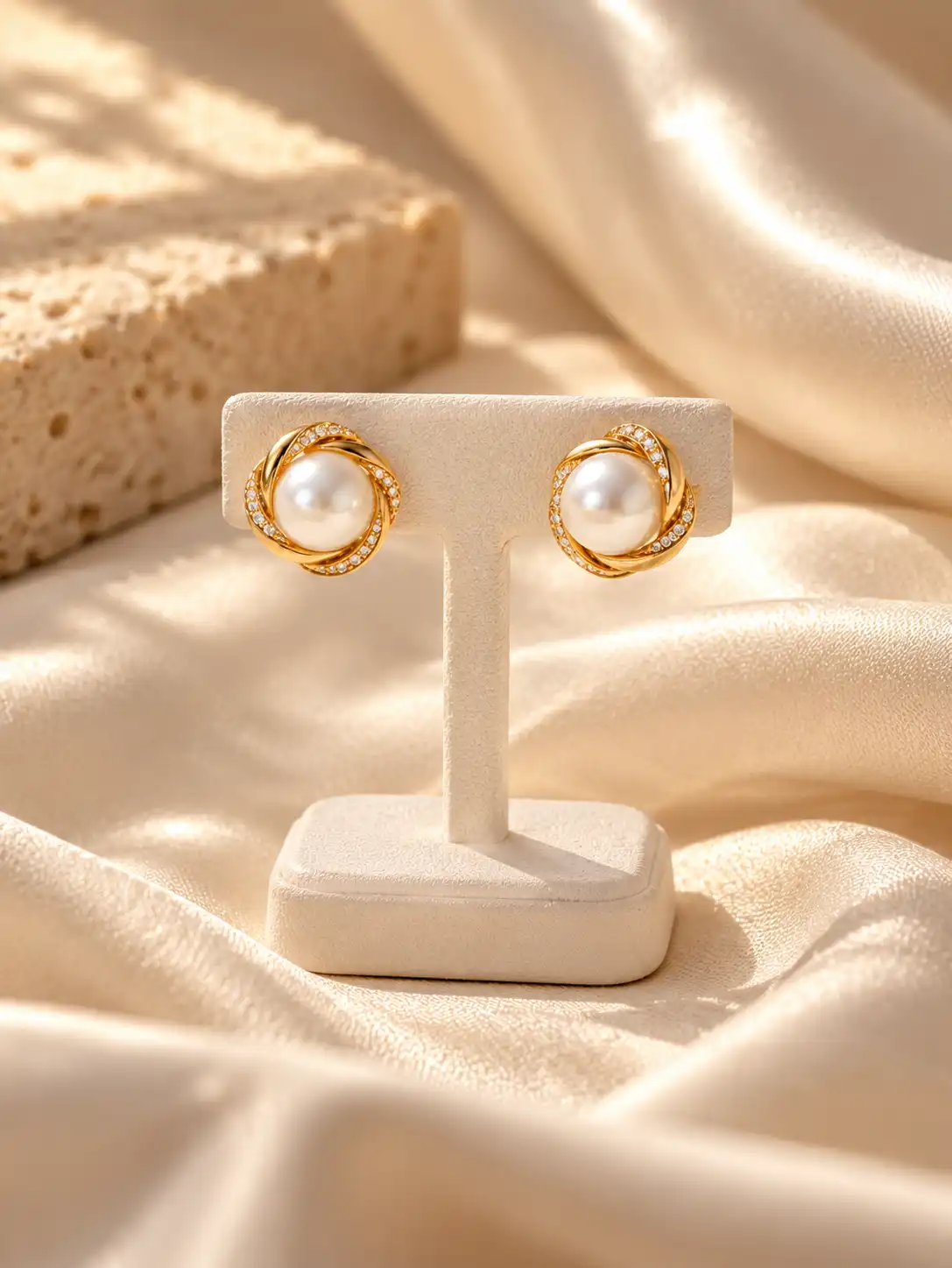 Pearl and gold earrings displayed on an ivory jewelry stand with warm satin fabric and soft golden sunlight.