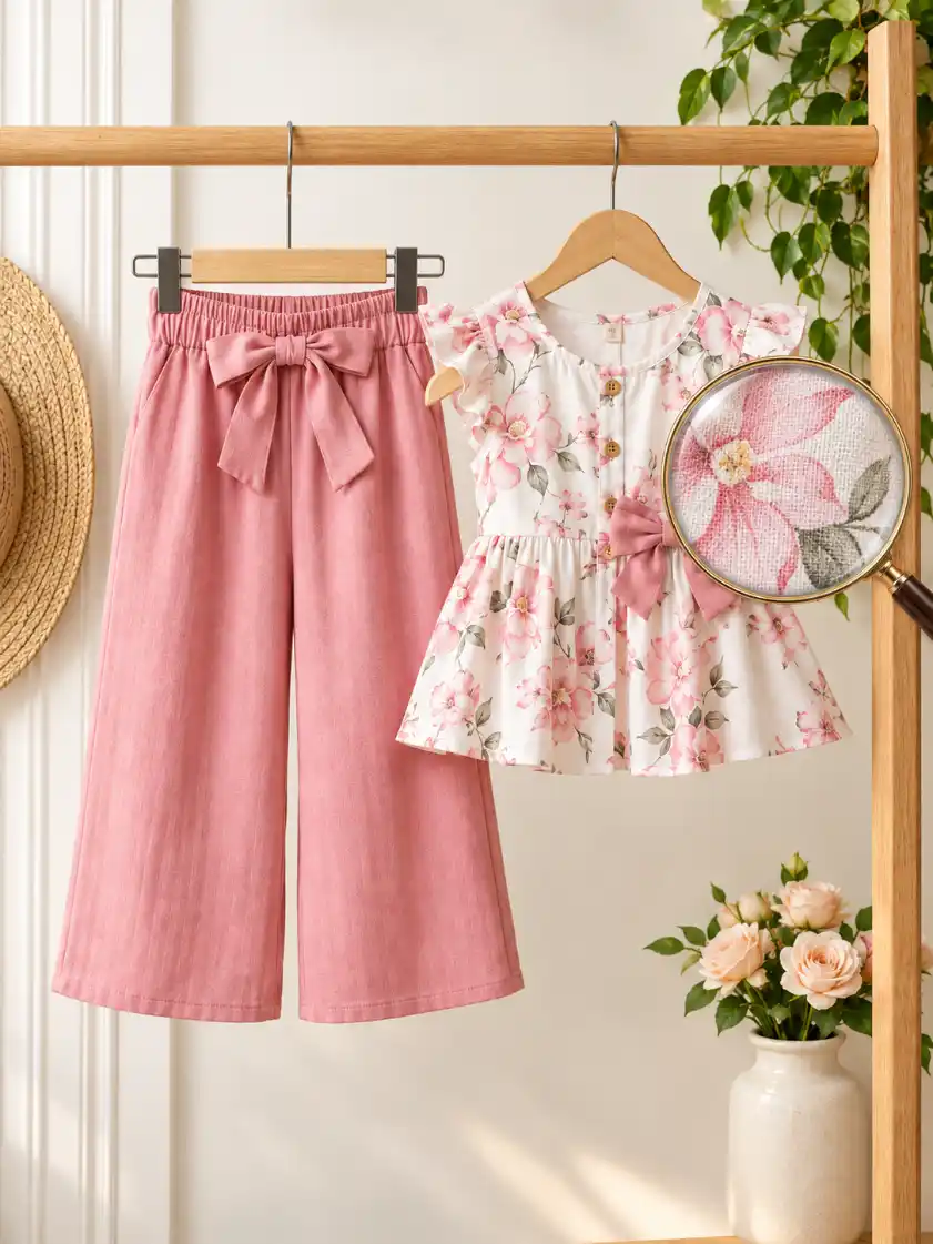 Clothing set displayed on a wooden rack with a circular magnified close-up showing the upper garment fabric texture in a boutique setting.