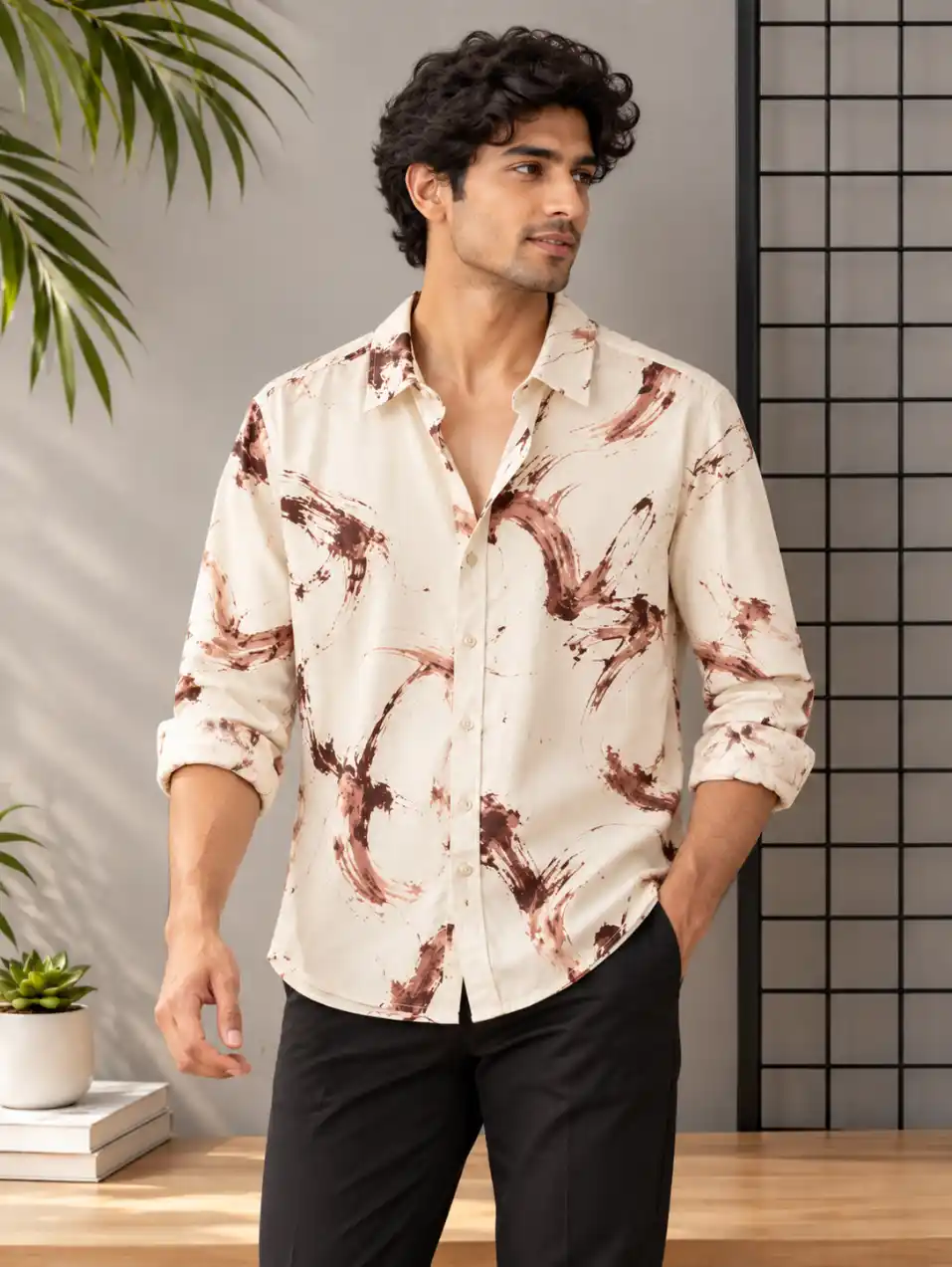 AI model wearing a shirt in a fixed pose against a modern grey retail background.