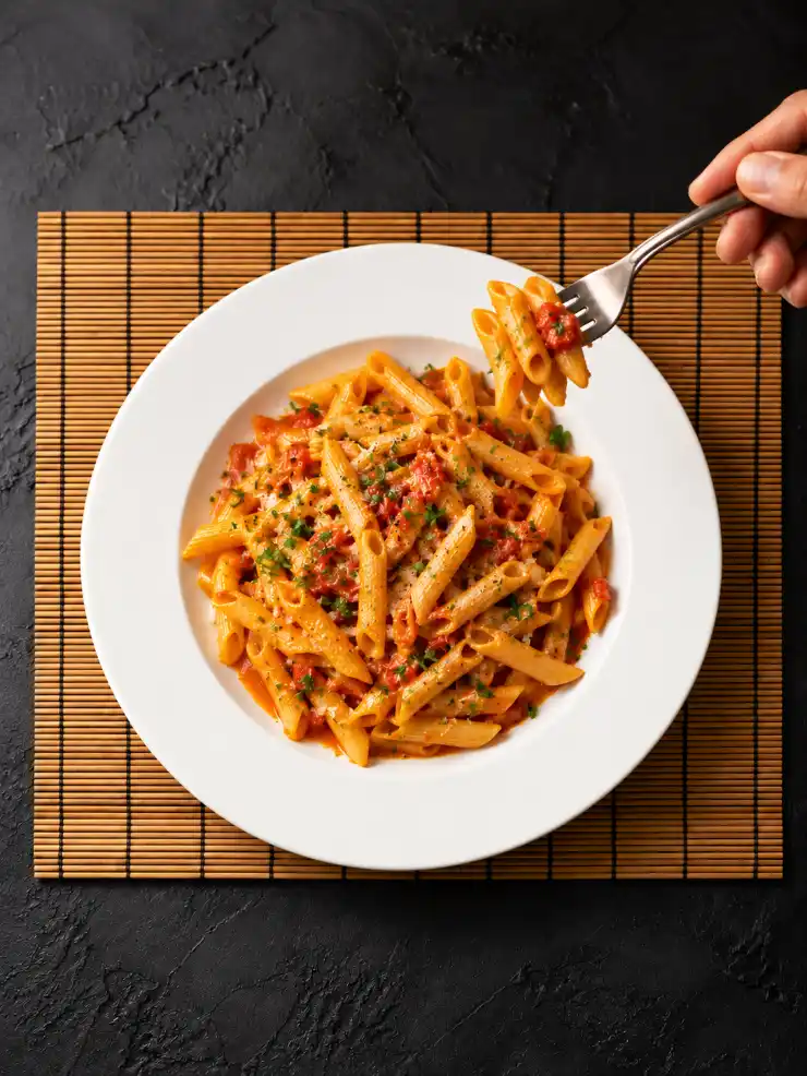 Overhead chicken stir-fried noodles with vegetables and a fork lifting a small portion from a white plate.