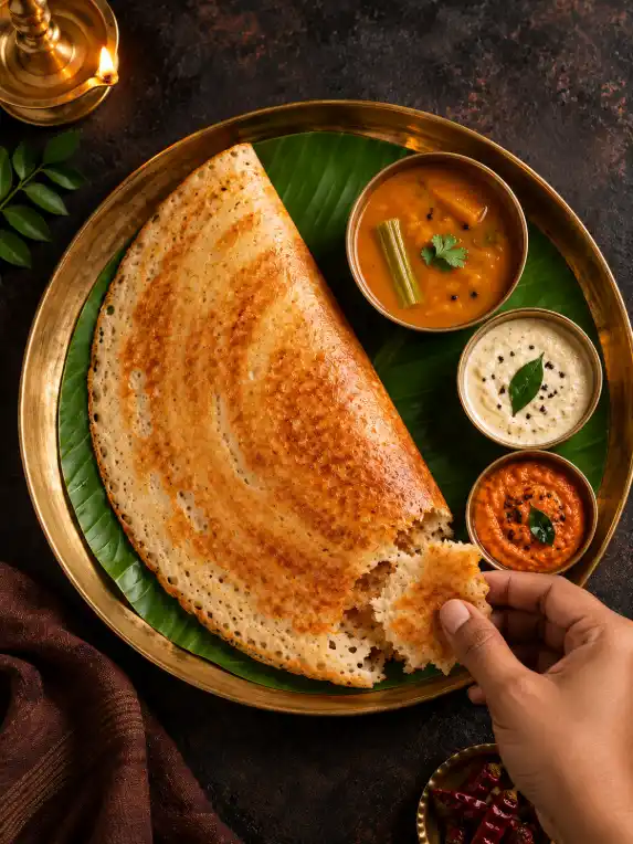 Right hand dipping a crispy torn dosa bite into coconut chutney on a traditional South Indian brass thali.