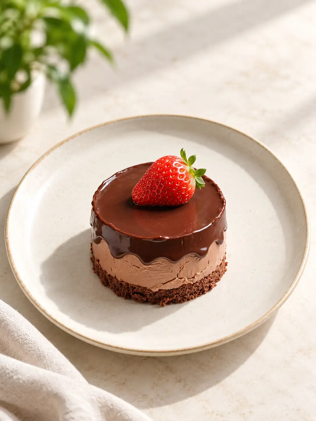 Chocolate ganache dessert topped with a fresh strawberry on an ivory ceramic plate over a bright white marble surface.