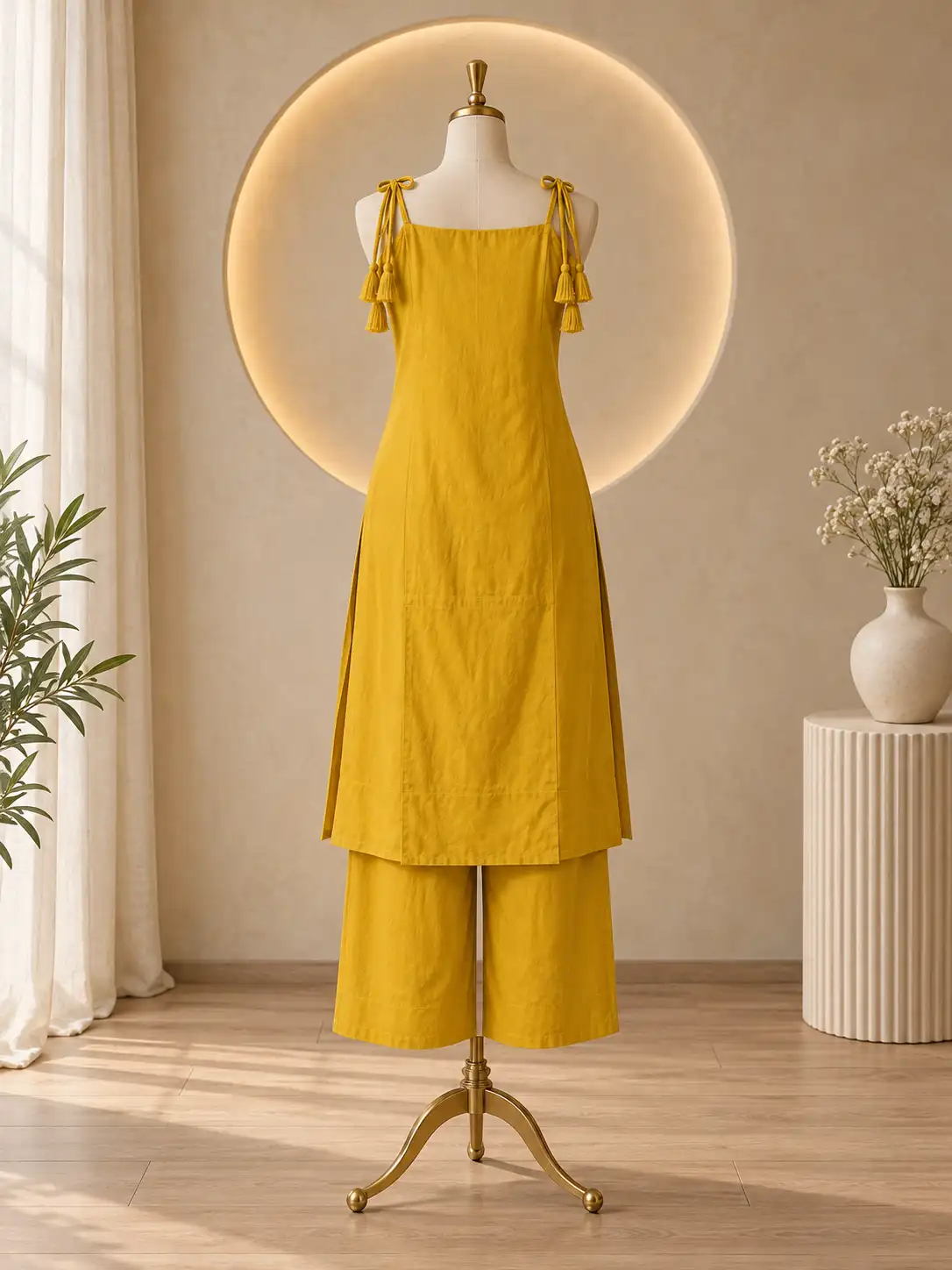 Back view of mustard yellow sleeveless co-ord set with tassel tie straps and matching wide-leg pants displayed on a cream mannequin.