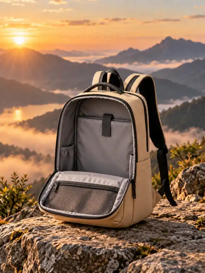 Open backpack on rocky terrain showing padded interior compartments, mesh pocket, zipper section, and organized storage with mountains behind.