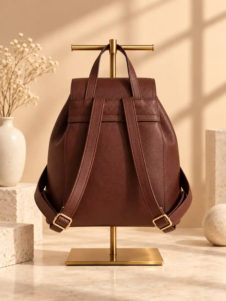 backpack back view, gold stand display, warm studio lighting, neutral product scene, stone pedestal decor, floral styling, premium product photography, backpack mockup, commercial accessory image, minimal studio setup