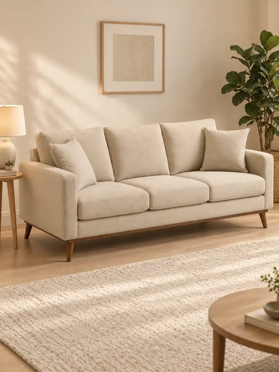 Furniture shown from a three-quarter side angle in a warm minimalist living room with wooden flooring, rug, side table, lamp, wall art and indoor plant.