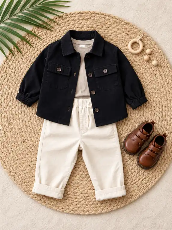 Kidswear clothing set arranged on a natural woven mat with palm leaves and minimal wooden props in a clean overhead flat lay composition.