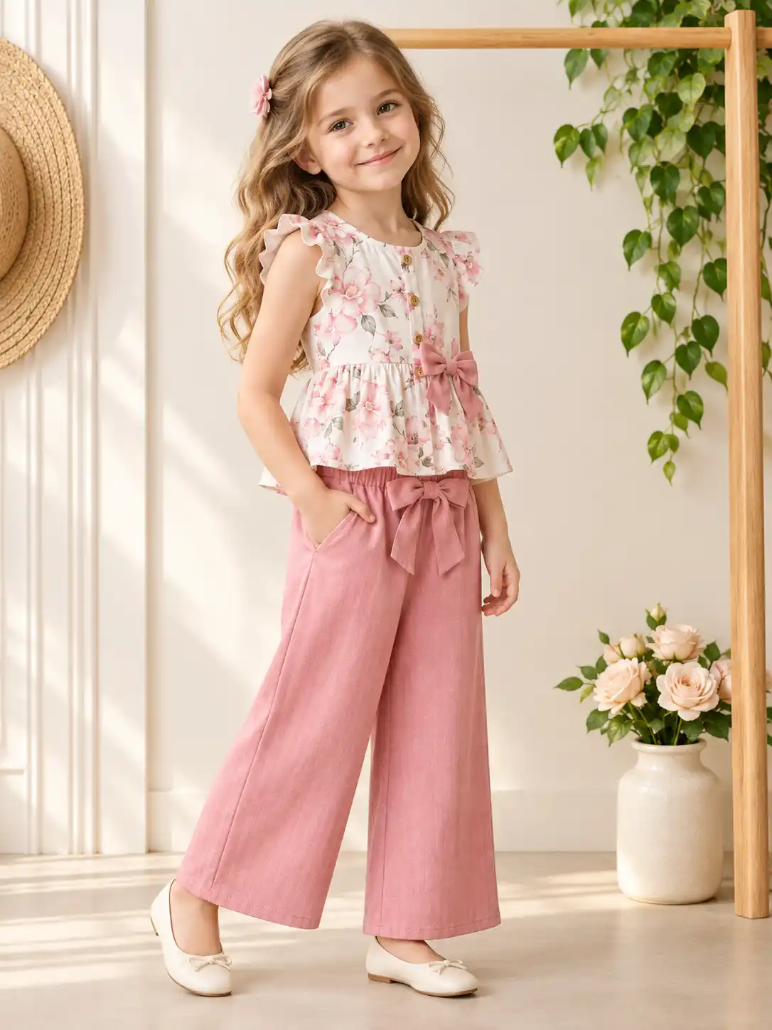 Child model wearing the exact clothing product in a soft boutique setting with natural lighting, wooden rack, greenery, and floral decor.
