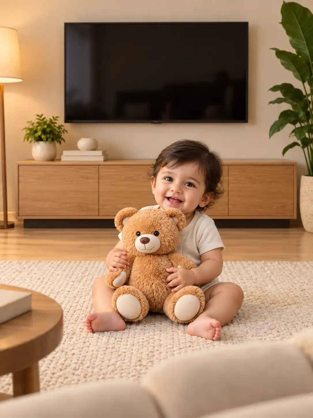 Baby playing with a teddy toy in a warm TV room
