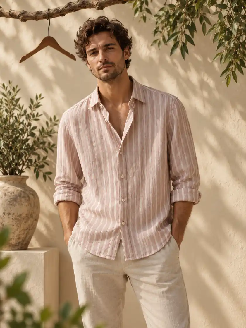 Male model wearing a relaxed striped shirt with rolled sleeves in a warm sunlit lifestyle setting surrounded by natural foliage.