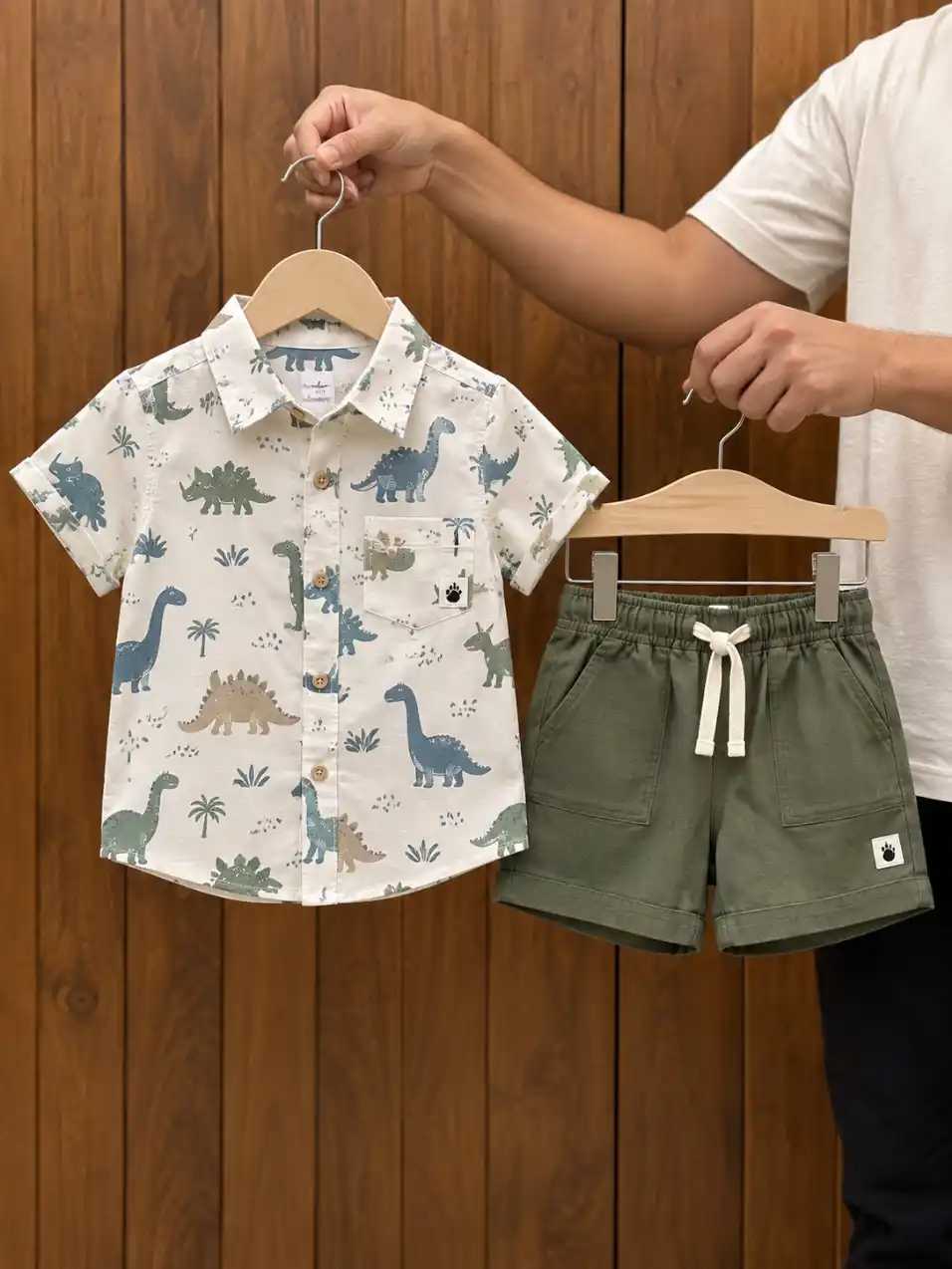 Realistic clothing displayed on wooden hangers by hand against a warm vertical wooden wall with soft commercial lighting.
