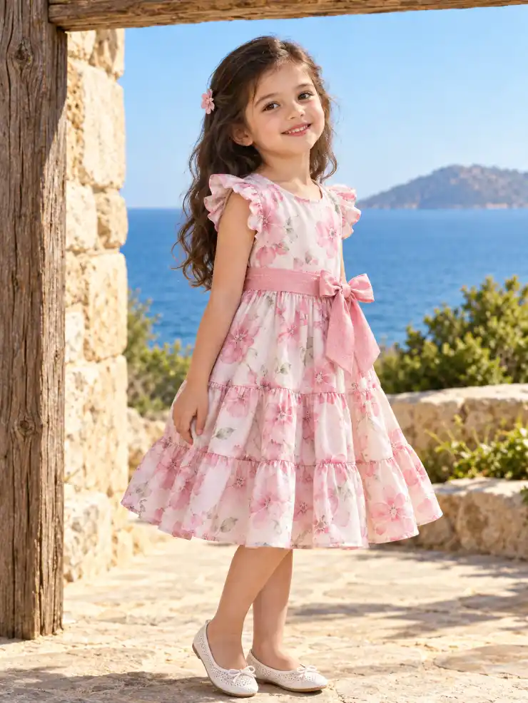 Child model wearing a product in a Mediterranean coastal setting with natural stone, calm sea, greenery, and soft natural daylight.