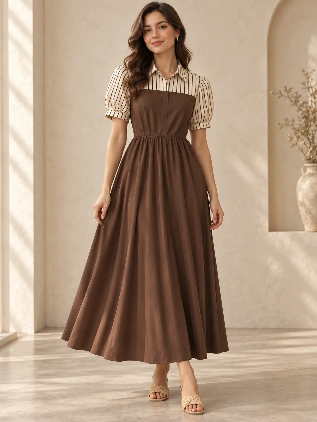 Female model wearing an elegant brown maxi dress with cream striped puff sleeves, collared neckline, gathered waist, and a long flowing skirt.