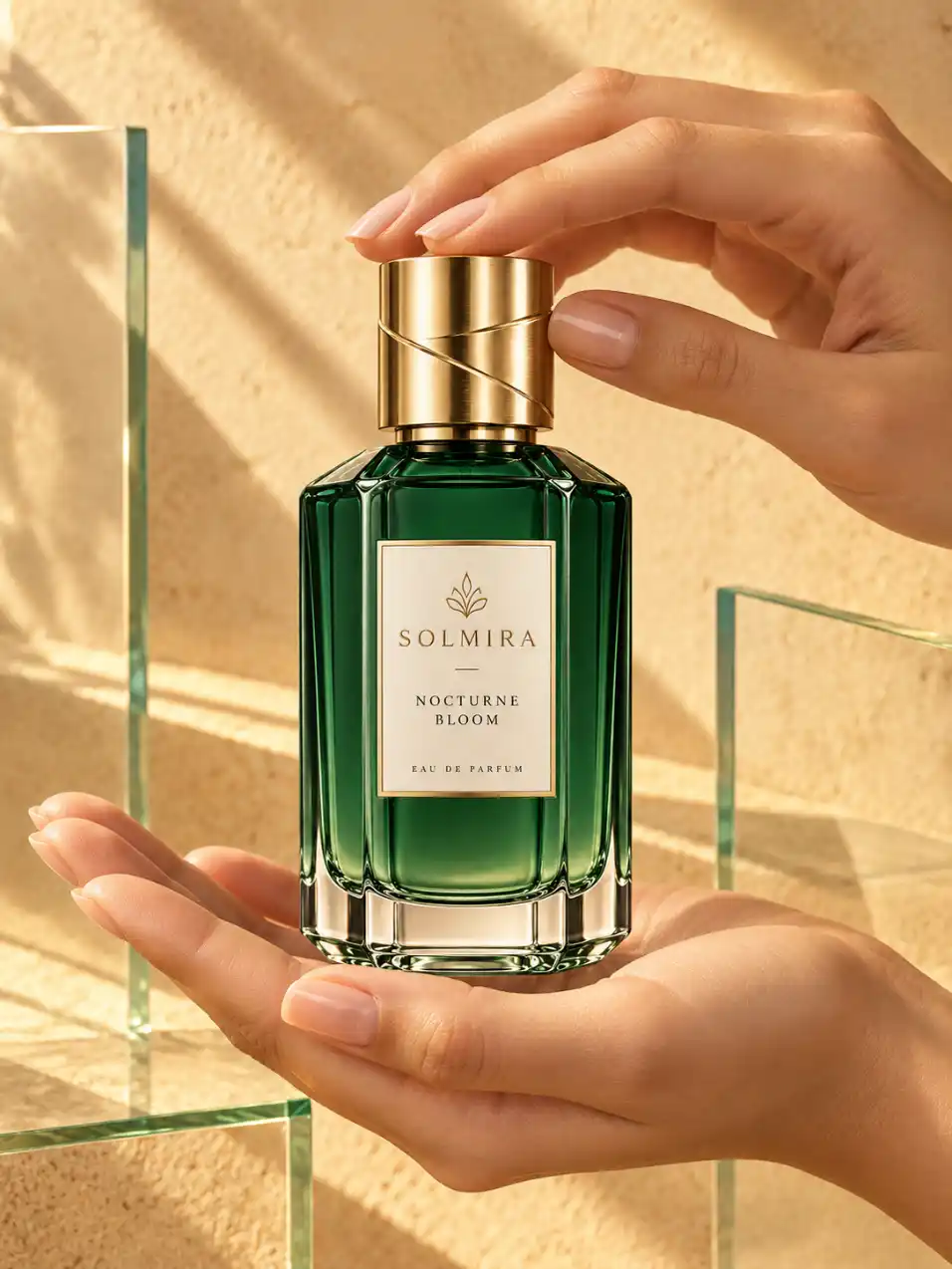 Luxury perfume held in two hands on warm sandstone set