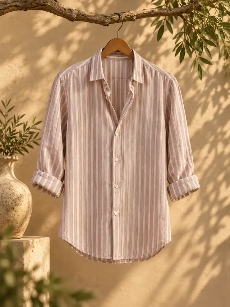 Front view of a men’s striped button-up shirt hanging on a wooden hanger against a warm textured wall with natural foliage and sunlight.
