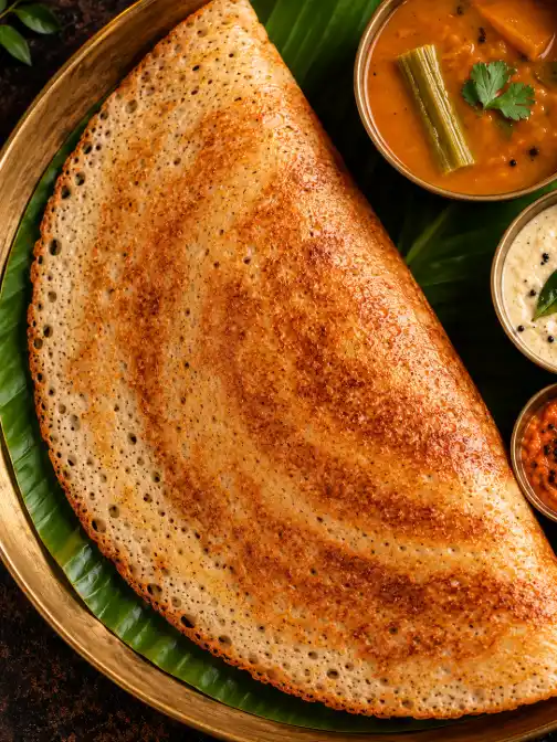 Close-up of crispy golden South Indian dosa on a banana leaf with coconut chutney, red chutney and sambar served in a brass thali.