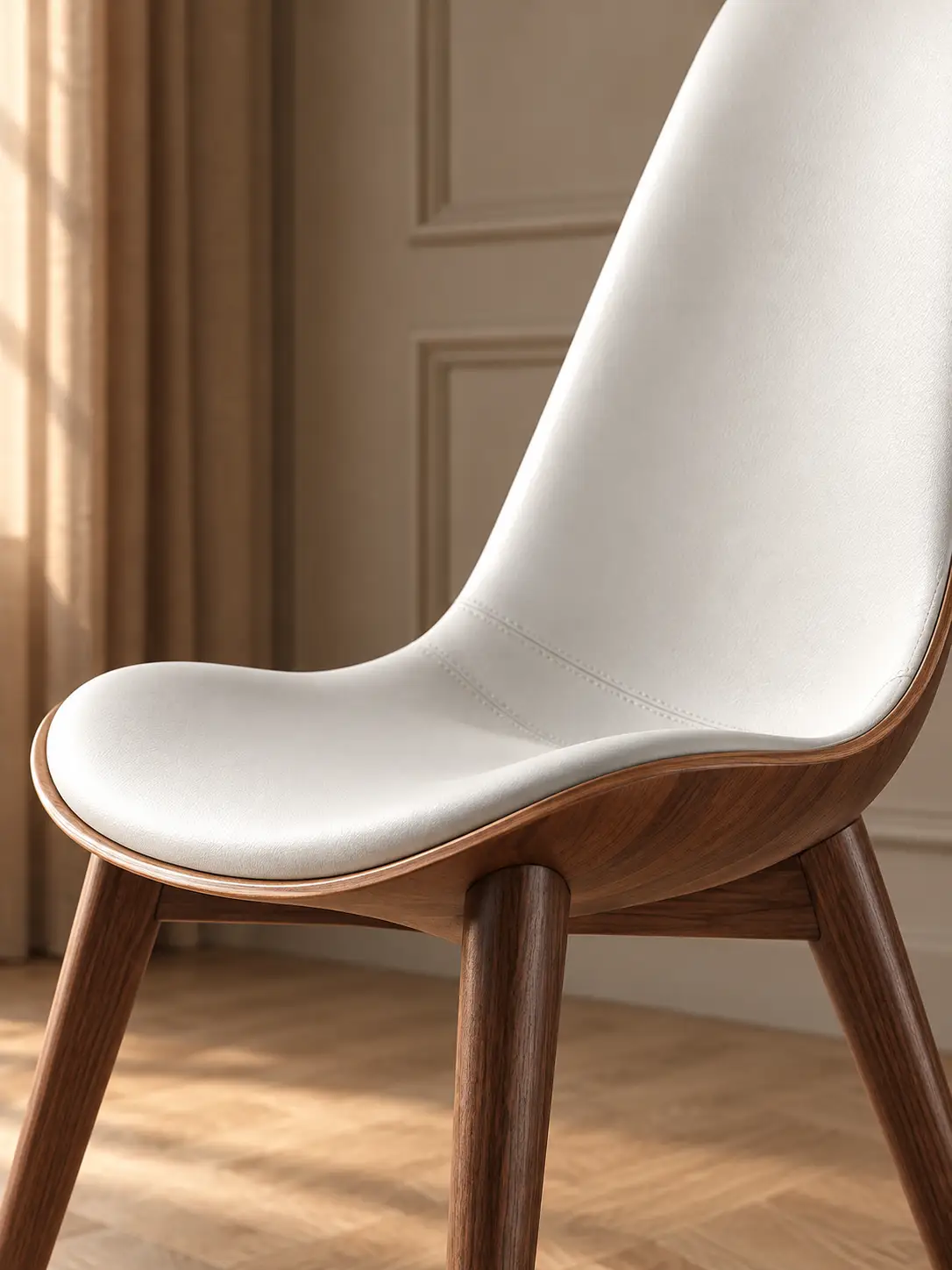 Aesthetic close-up of a chair showing detailed surface texture, stitching, and craftsmanship in a warm luxury interior with soft window light.