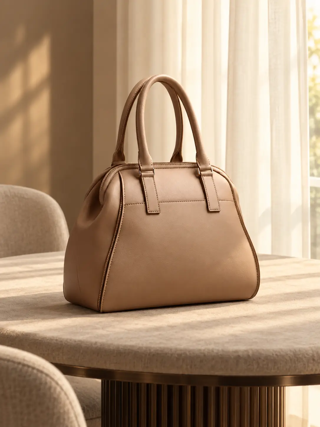 Back view of a structured bag placed on a soft textured table beside sheer curtains with warm sunlight and a refined neutral interior.