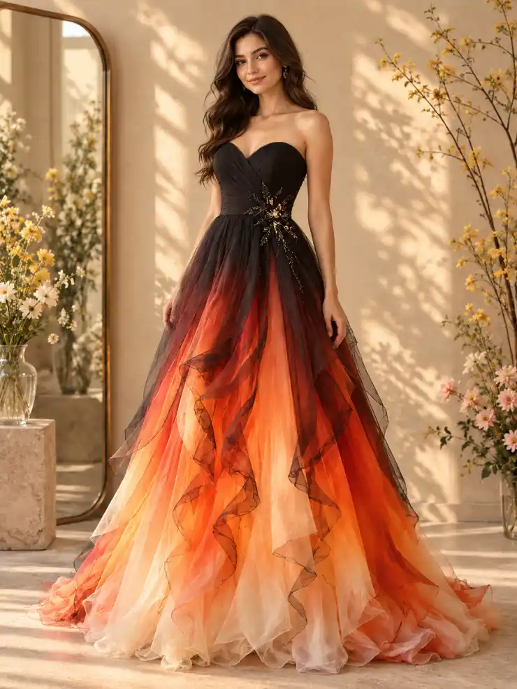 Adult female model wearing the product in a warm botanical boutique setting with soft sunlight, elegant flowers, and a refined fashion backdrop.